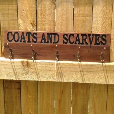 Rimu Carved ‘Coats and Scarves’ Coat Rack brass hooks Image